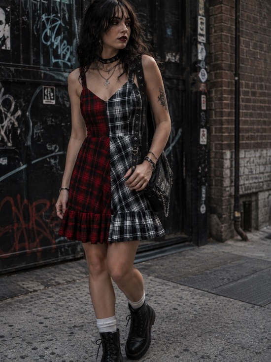 ROMWE Dresses & Skirts - Y2K Goth Grunge Emo Red Black White Plaid Sundress XL Punk Rock Dark Romantic
